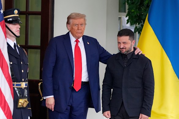 US President Donald Trump greets Ukraine’s President Volodymyr Zelensky as he arrives at the White House on Monday.