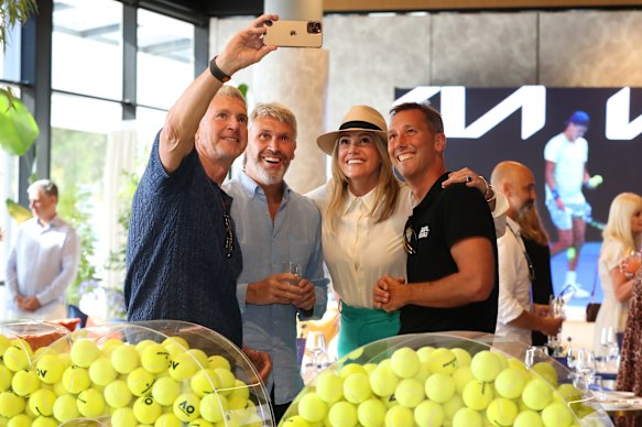 Nine director of television Michael Healy, David Gyngell, Leila McKinnon and then-Stan CEO Martin Kugeler take a selfie in the Nine suite at the Australian Open in 2023.