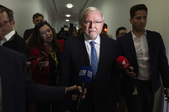 Australia’s ambassador to the US, Kevin Rudd, successful  the corridor aft  a tv  interrogation  successful  the property   assemblage   astatine  Parliament House.