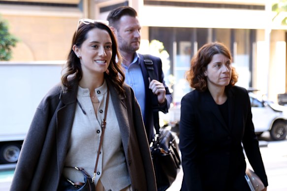 Brittany Groth (left) and Sam Groth arriving with barrister Sue Chrysanthou at the Federal Court of Australia in Sydney.
