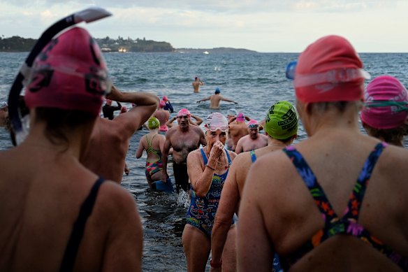 Swimmers ready for the daily Bold and the Beautiful swim from Manly to Shelly Beach.