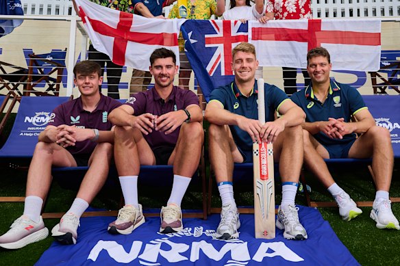 Jamie Smith and Josh Tongue of England pose with Alex Carey and Cameron Green of Australia during the Ashes launch.