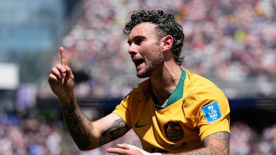 Aiden O'Neill pictured during the Socceroos' clash with the USA.