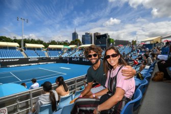 Benjamin White, from Argentina but living in Lennox Head, NSW. with girlfriend Maria Travaglia, originally from Brazil at the Australian Open on Tuesday.