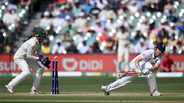 Harry Brook is bowled after an ill-advised attempted reverse sweep.