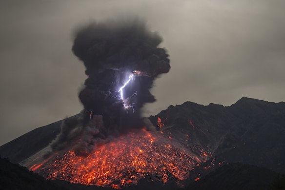 Lightning and lava erupting from Sakurajima.