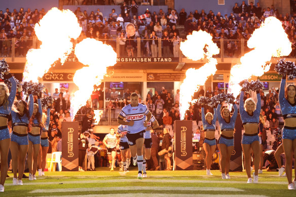 Wade Graham runs out at Sharks Stadium for his final NRL game at the ground.