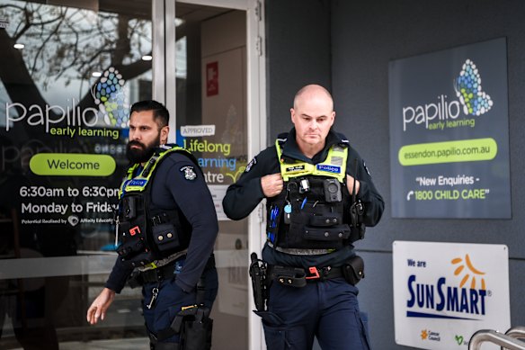 Police at Papilio Early Learning Essendon on Keilor Road in Essendon on Tuesday.