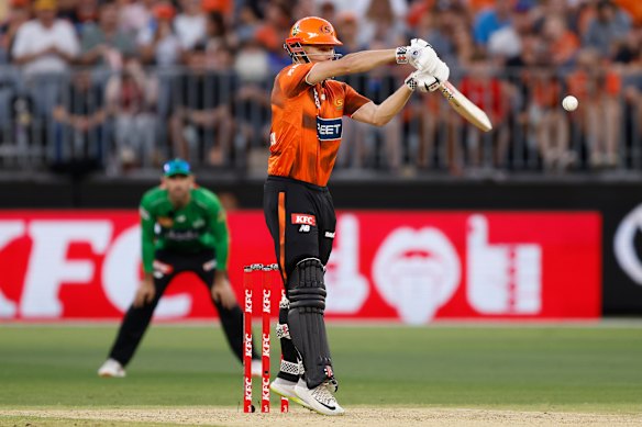 Cooper Connolly plays his shot during the Scorchers’ win over the Melbourne Stars on Saturday.