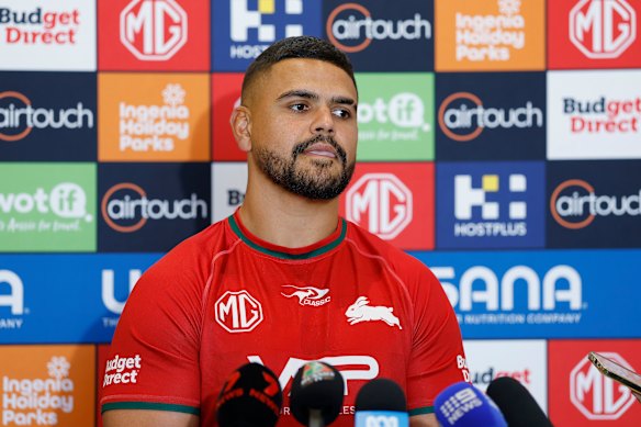 Latrell Mitchell speaks to the media on Tuesday.
