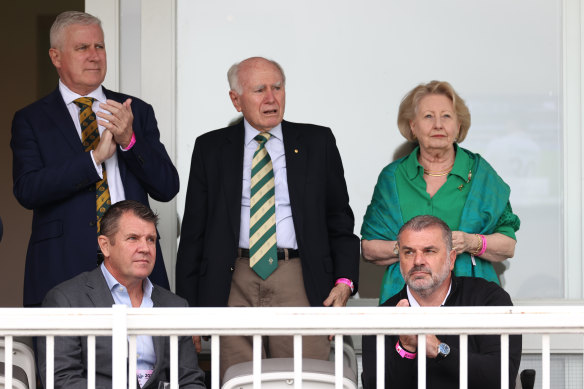Ange Postecoglou with former prime minister John Howard and wife Janette; and Cricket Australia chair Mike Baird at Lord’s in 2023.