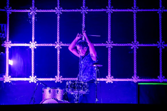 Hirst on stage with Midnight Oil in 2022.