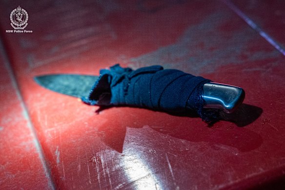 The knife allegedly used by Zhang to stab a GP in the neck. 