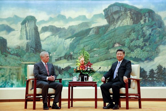 Prince Andrew, left, with Chinese President Xi Jinping at the Great Hall of the People in Beijing in 2018.