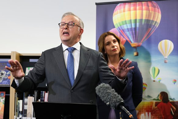Prime Minister Anthony Albanese and Minister for Communications Anika Wells in Canberra on Thursday.