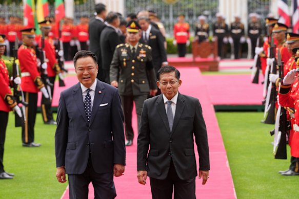 Thailand’s Prime Minister Anutin Charnvirakul (left) and Myanmar’s President Min Aung Hlaing after a welcome ceremony at Government House in Bangkok.