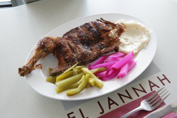Chicken, pickles and toum (garlic dip) in the original Granville store, May 2020.