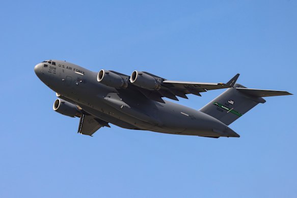 US air force’s Boeing C-17’s fly in the presidents vehicles and helicopters.
