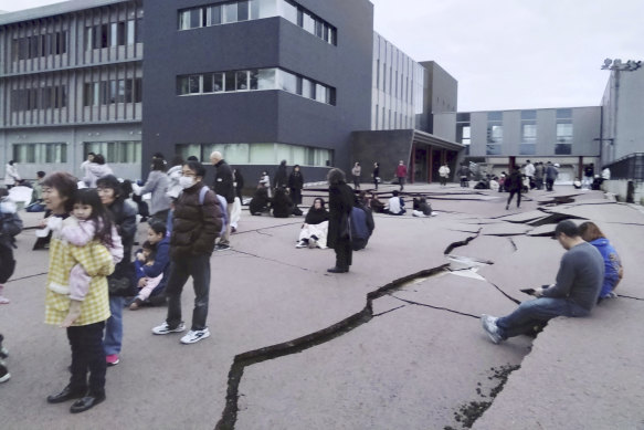 Cracks in the ground in Wajima, Ishikawa prefecture on Monday.