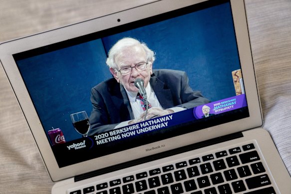  Billionaire investor Warren Buffett addressing Berkshire Hathaway shareholders in an online meeting.