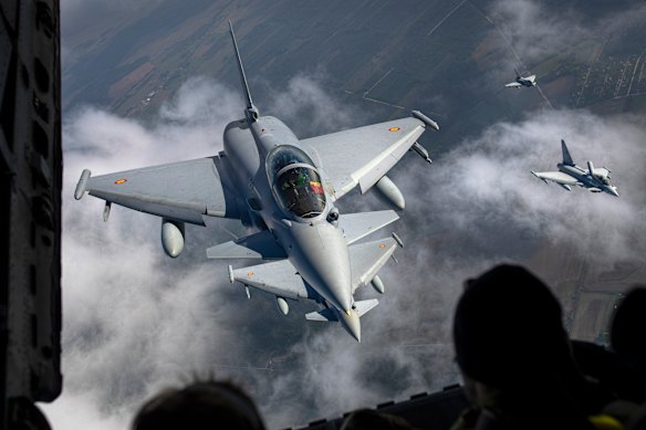 Spanish and Italian Air Force Typhoon fighers participating in NATO’s Baltic Air Policing Mission.