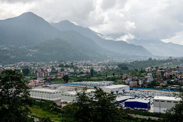 Newly imported electric vehicles parked at Chobhar dry port, not far from the capital of Nepal, Kathmandu.