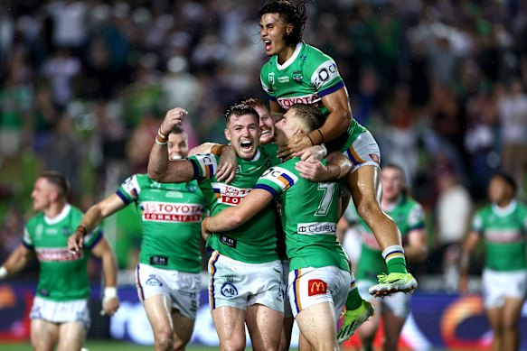 The Raiders celebrate victory at Brookvale last weekend.