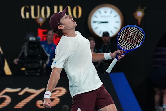 Alex de Minaur celebrates his fourth-round win over Alexander Bublik at the Australian Open on Sunday night.