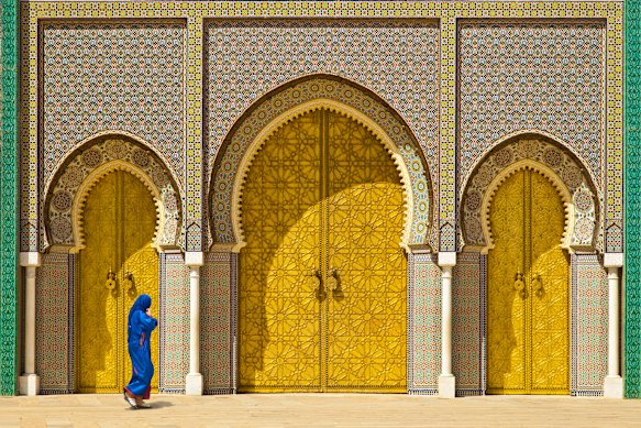 The golden doors of Dar al-Makhzen, the royal palace of the King of Morocco, in the city of Fes.