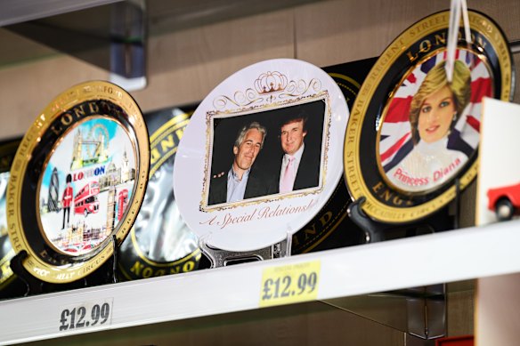  A souvenir plate of Donald Trump and Jeffrey Epstein in a London store ahead of the US president’s visit to the UK.