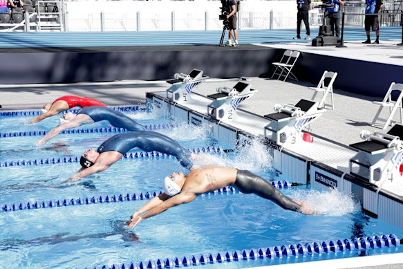 Hunter Armstrong, second from top, competes in the 50m backstroke at the Enhanced Games.