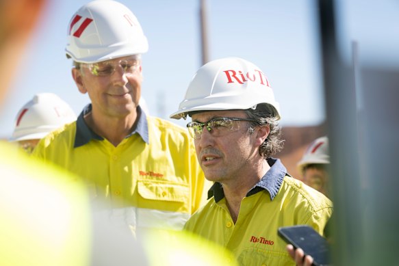 Simon Trott (right) with Jakob Staustholm at Rio Tinto’s Western Range mine in June.