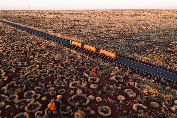 A road train on the highway in the Pilbara Region in Western Australia.