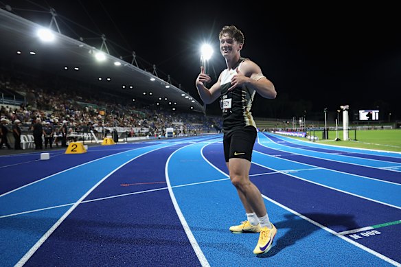 Lachie Kennedy celebrates after running his personal best in the 100m, and breaking the 10-second barrier.