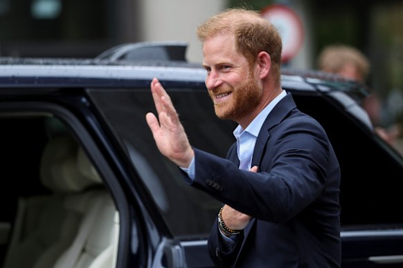 Britain’s Prince Harry gestures, as he departs, following his visit to Centre for Blast Injury Studies at Imperial College London, in London, Wednesday, Sept. 10, 2025. (Suzanne Plunkett, Pool Photo via AP)