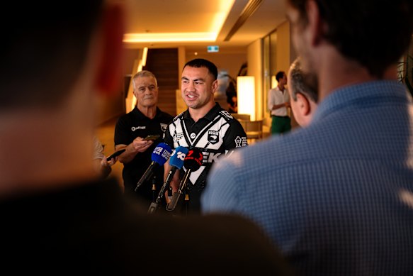 Jahrome Hughes speaks to the media before the 2026 World Cup opener in Sydney.