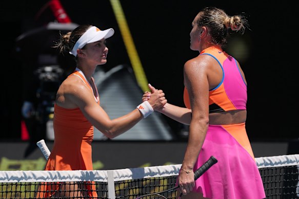 Iva Jovic, congratulates Aryna Sabalenka following their quarter-final battle 