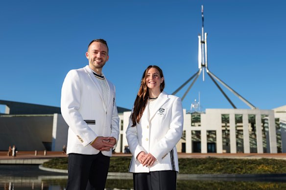 Dean Hewitt and Tahli Gill in the Australian Winter Olympic team uniforms.