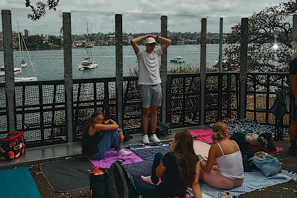 People gather early at Mrs Macquarie’s Chair.