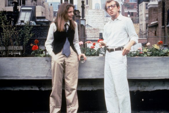 Diane Keaton in Ralph Lauren attire on set with director Woody Allen during the filming of Annie Hall.