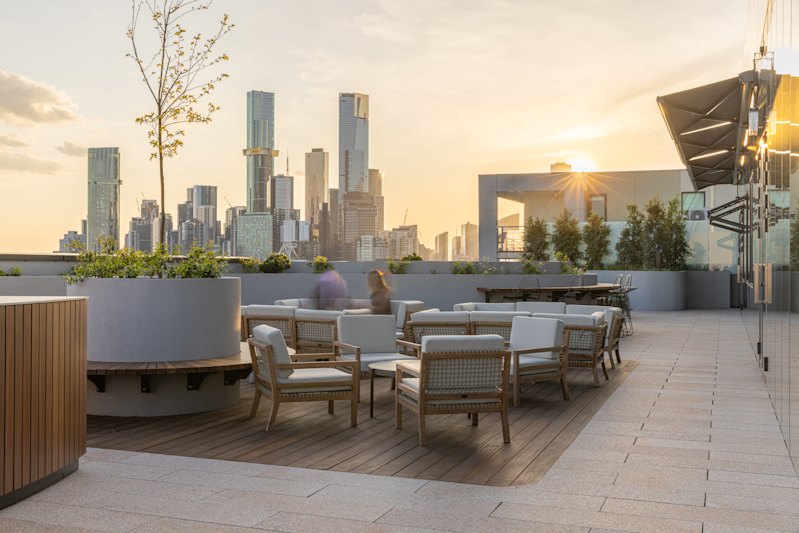 The sixth-level terrace offers views west to the Melbourne CBD.