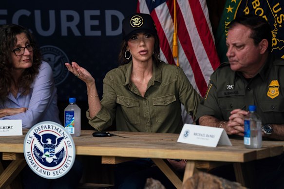 US Secretary of Homeland Security Kristi Noem speaks to land owners and other officials in Texas on Wednesday.