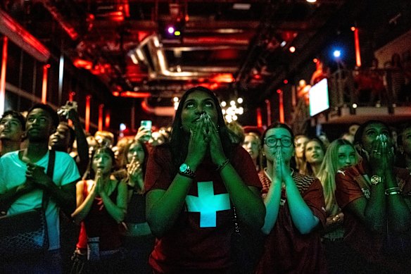 Swiss fans react as they watch the 2026 FIFA World Cup soccer round of 16 soccer match between Switzerland and Colombia at a public viewing in Zurich, Switzerland on Tuesday, July 7, 2026
