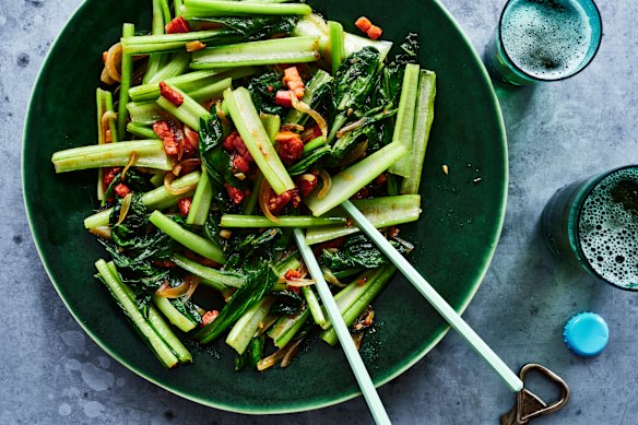 Stir-fried choy sum with bacon.