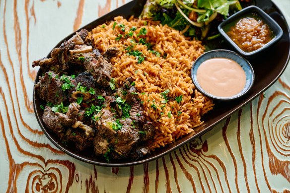 Jollof rice with meat at The African Calabash.