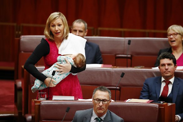 Larissa Waters with her baby, Alia, in Parliament in 2017.