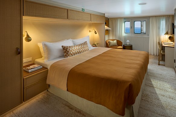 Horizon Suite cabins aboard Paspaley Pearl, at 20-square metres, are a lesson in space-saving design.