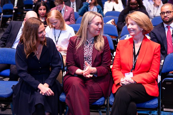 Victoria Starmer, wife of the British PM, with Anthony Albanese’s fiancee Jodie Haydon and former prime minister Julia Gillard at the UK Labour annual conference in Liverpool.