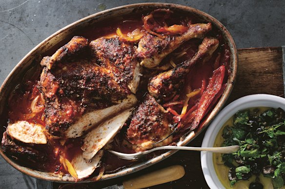 Crisp-skinned chicken meets robustly flavoured vegies and a piquant salsa in this cacciatore remix.