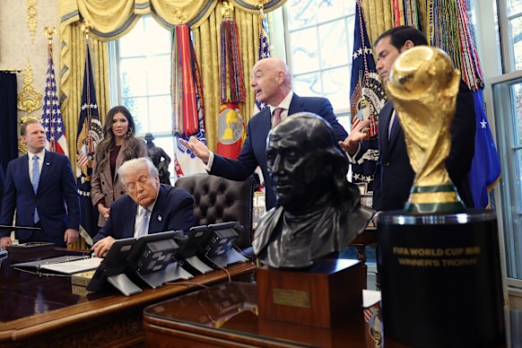 FIFA President Gianni Infantino speaks alongside US President Donald Trump at the White House in November.